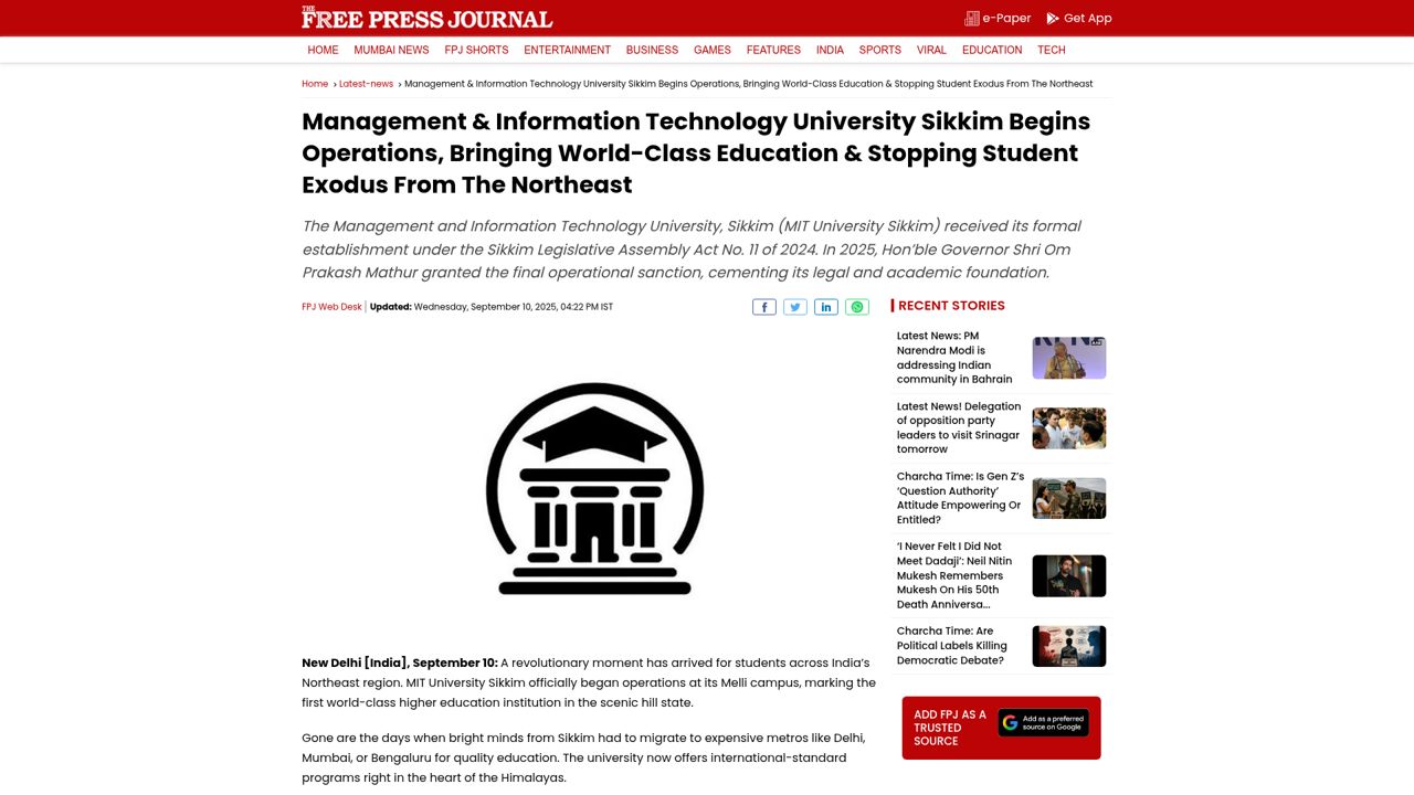 Management & Information Technology University Sikkim begins operations – Bringing world-class education and stopping student exodus from the Northeast