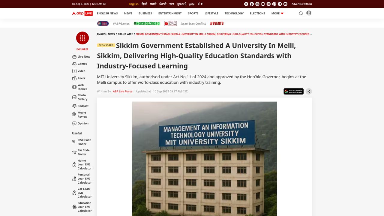 Sikkim Government established MIT University in Melli – Delivering high-quality education with industry-focused learning